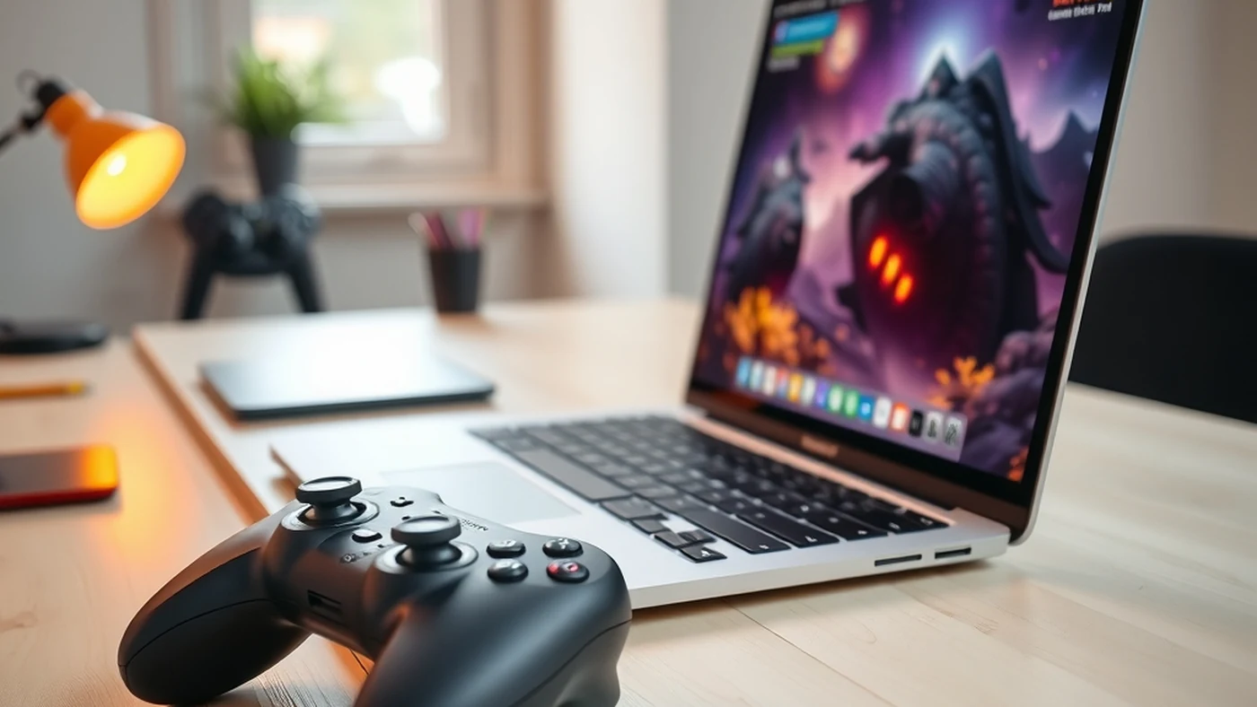 Warm off-white Mac gaming desk with a black controller in the foreground and a silver laptop showing a colorful fantasy game moment, soft lamp light, no people.