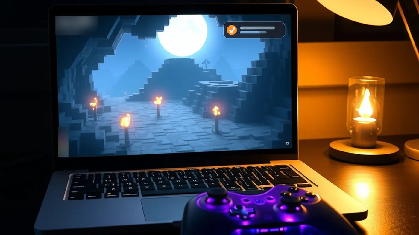 A silver laptop on a dark desk at night showing a blocky voxel cave lit by torches under a full moon, a small clip-saved notification with an orange checkmark at the top of the screen, a purple-lit controller and a warm desk lamp beside it.