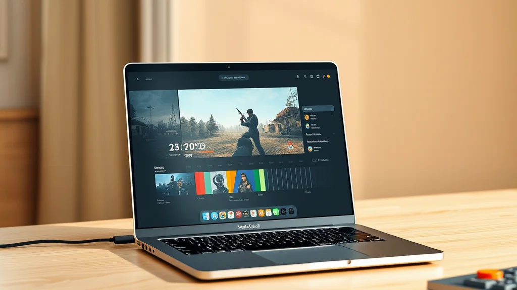A MacBook on a warm off-white desk showing a dark capture app with a game preview and clip timeline, beside soft window light and an orange accent on the desk.