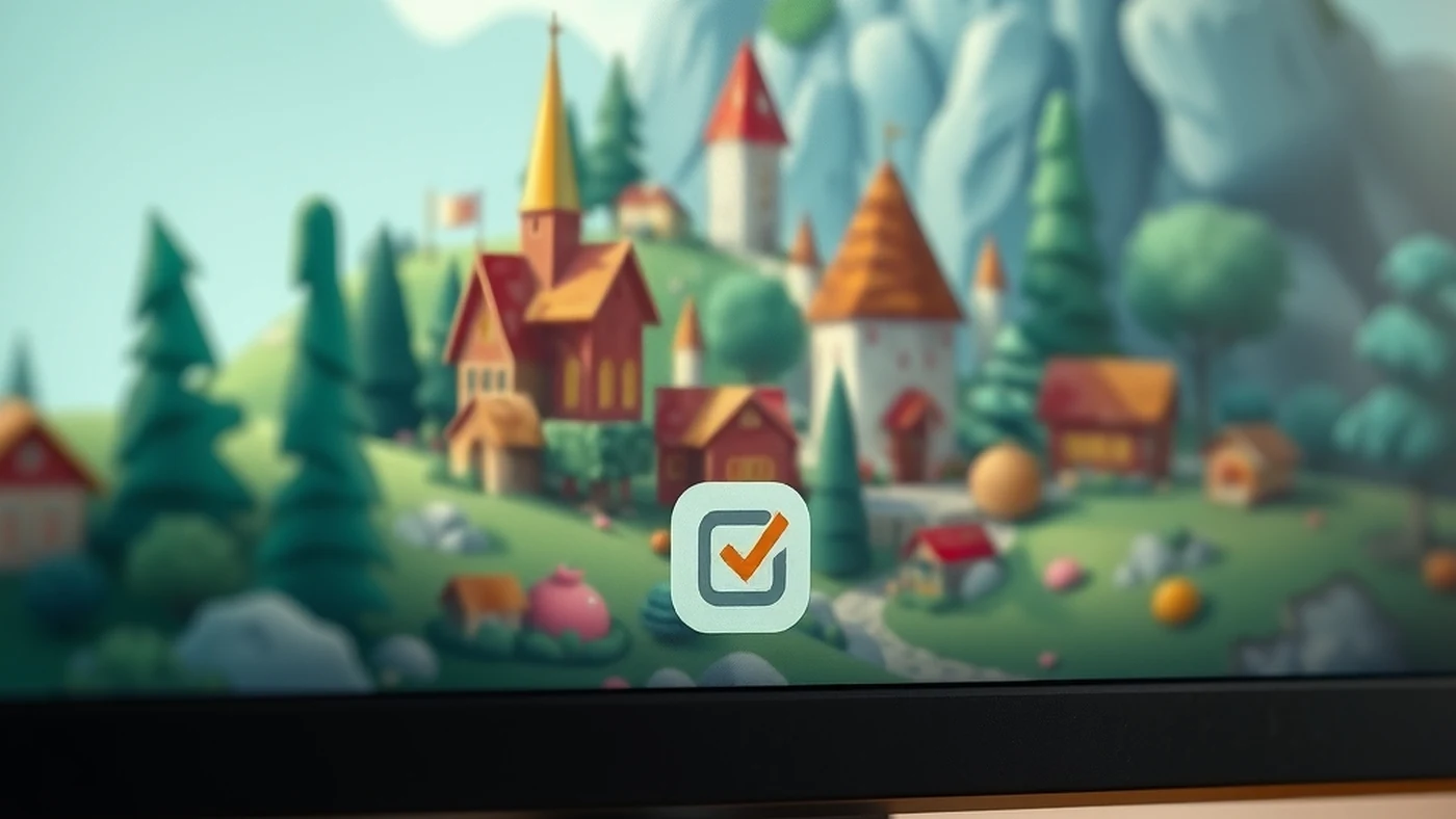 A colorful miniature village on a Mac display with a centered orange checkmark toast confirming a clip was saved.
