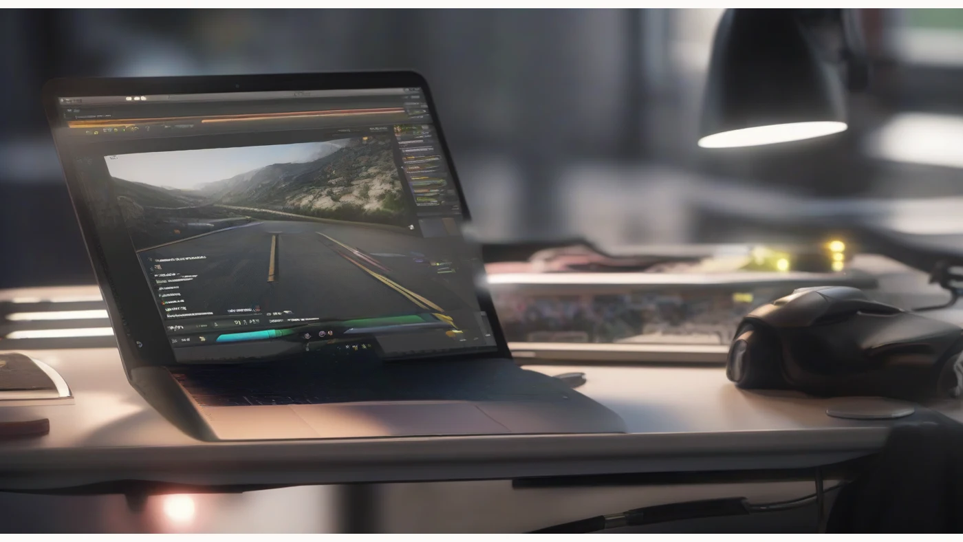 A MacBook on a warm off-white desk showing a dark capture app with a racing-game preview and timeline, beside soft daylight and a muted orange accent.