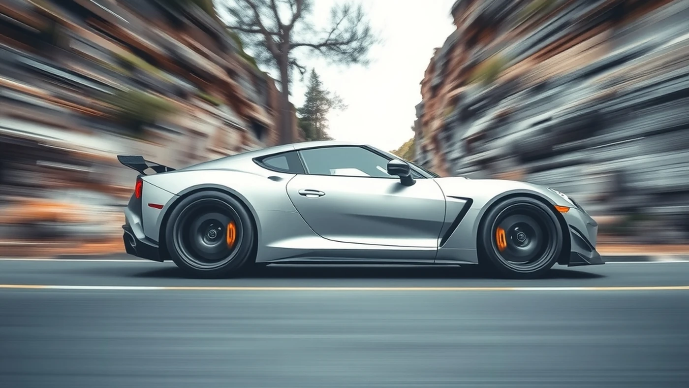 A silver unmarked sports car speeding through a rocky canyon in side profile, strong motion blur, no logos or text.