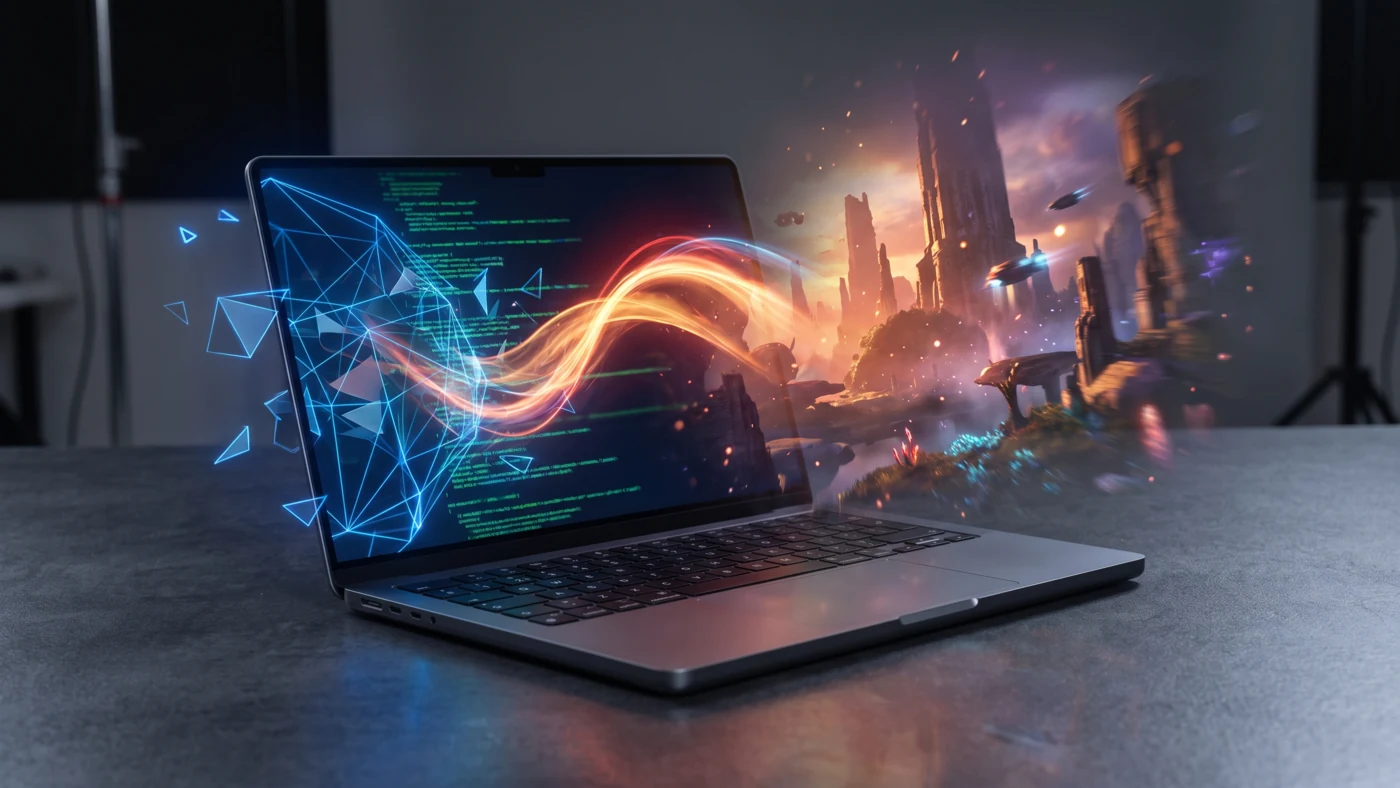 A Windows game transforming from blue shader geometry into a richly rendered science-fiction world as it emerges from a MacBook.