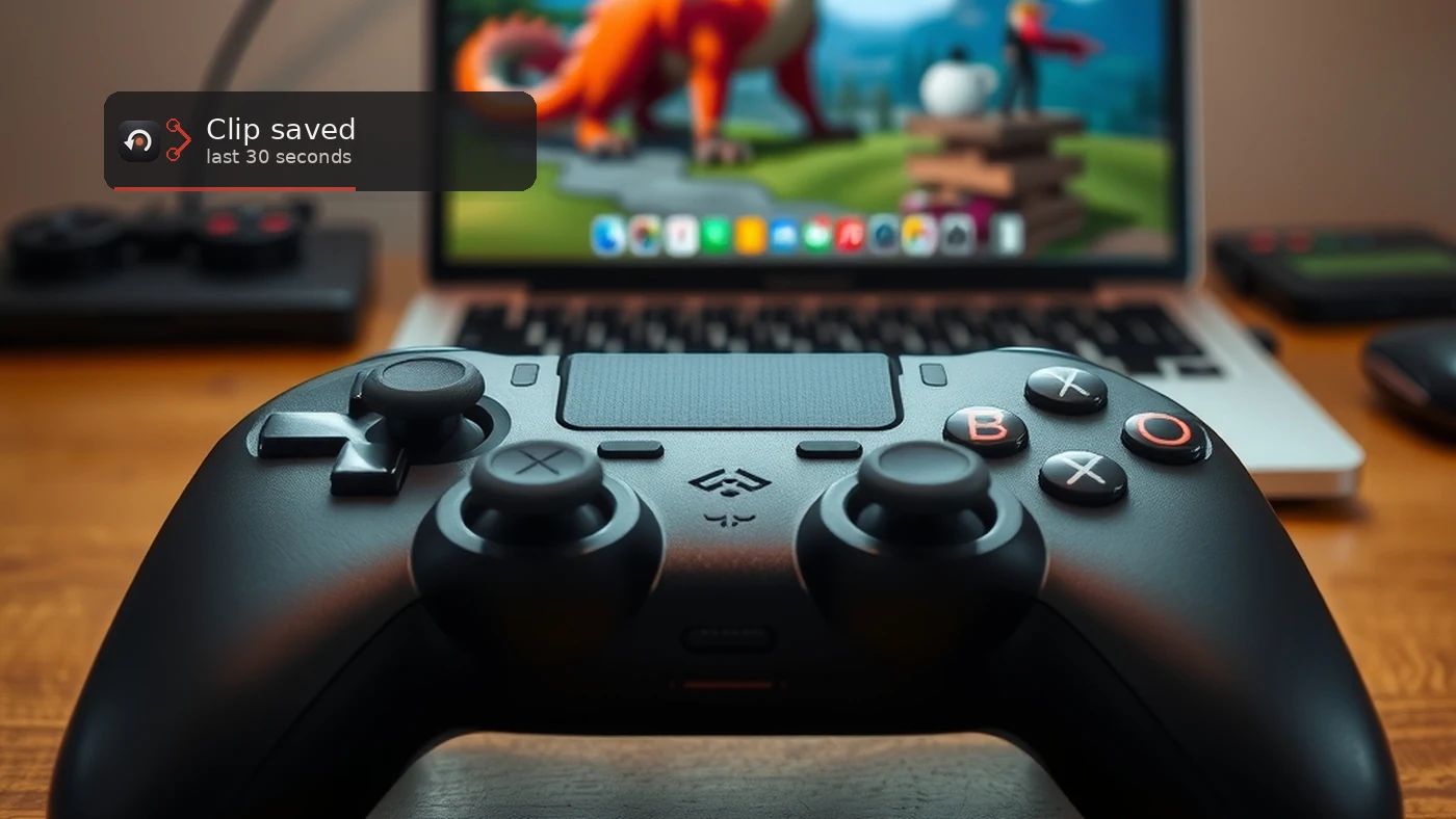 A black game controller on a warm wood desk in front of a MacBook showing a colorful fantasy game, with a dark Clip saved toast reading last 30 seconds.