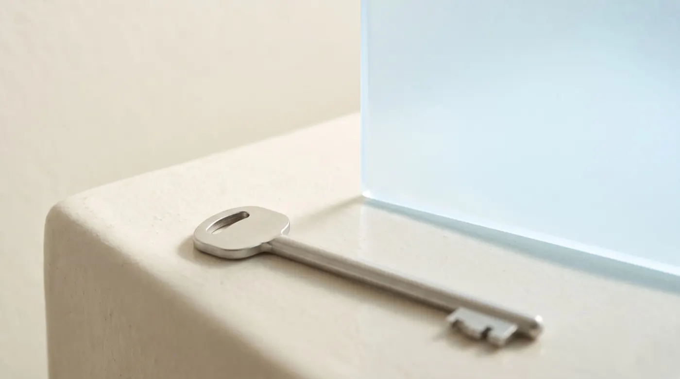 A brushed aluminium key resting on a warm off-white surface beside a softly glowing translucent panel.