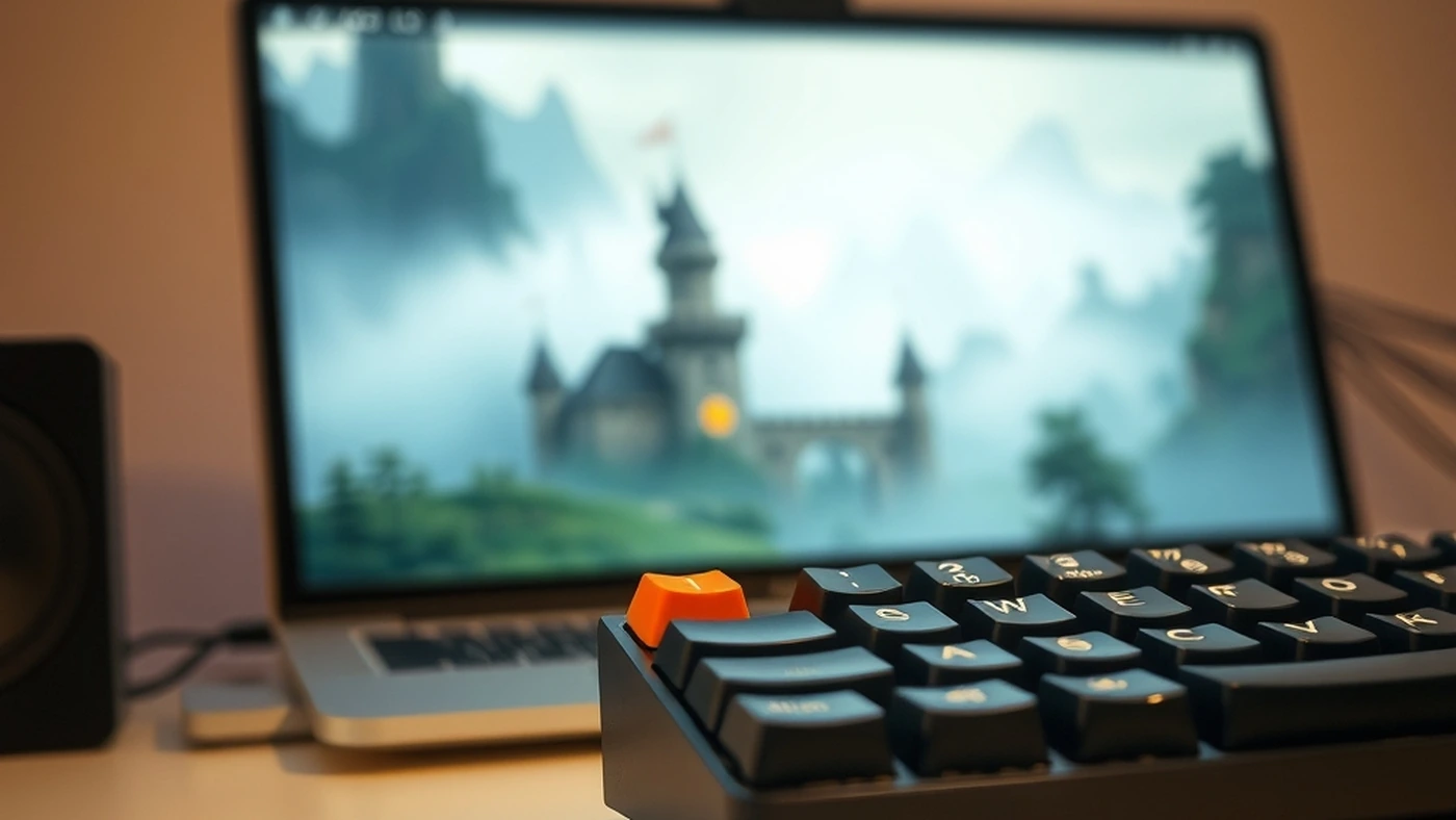 A compact mechanical keyboard with one bright orange Escape keycap in focus, Mac laptop behind showing a misty fantasy landscape.