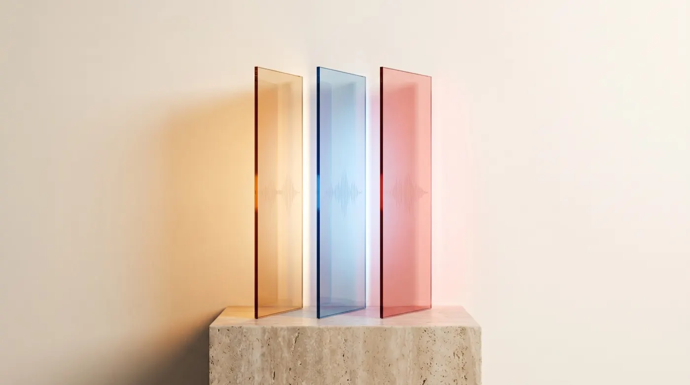 Three slim glass panels glowing amber, blue and red on a pale surface, each etched with a sound wave.