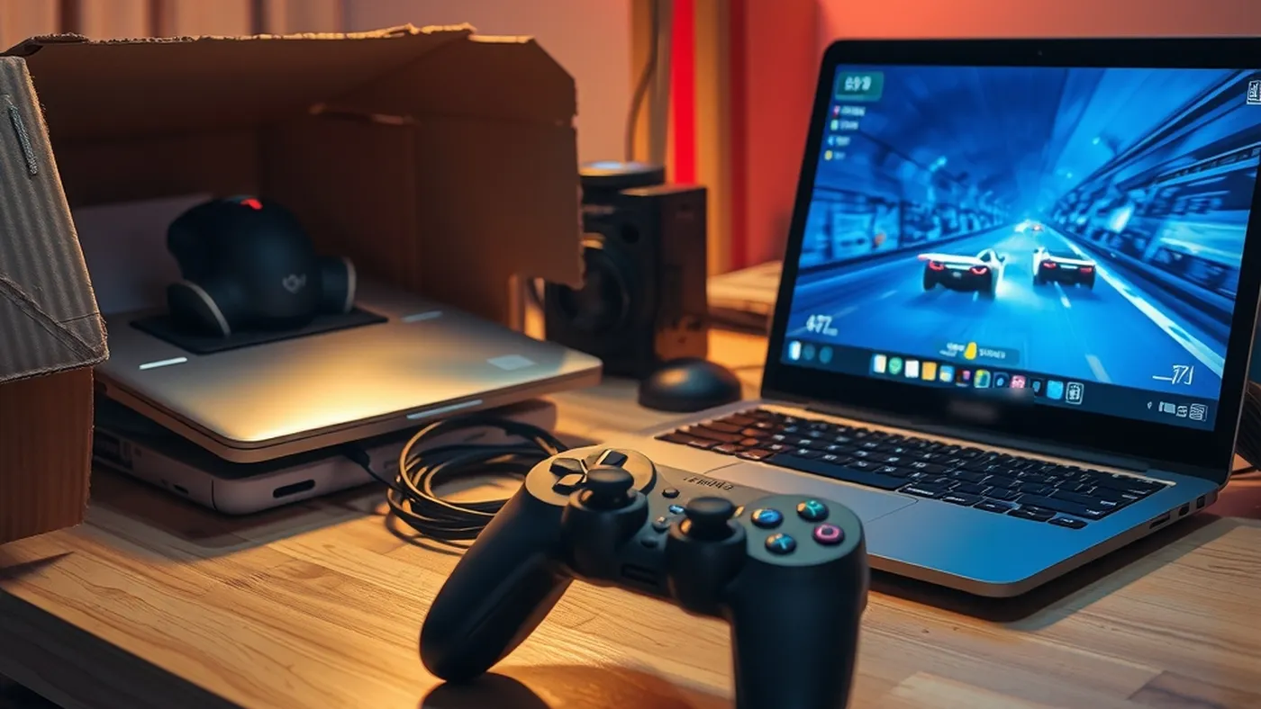 Gamer desk at night with an old silver laptop packed in a cardboard moving box beside a newer laptop running a racing game, a black controller in front.