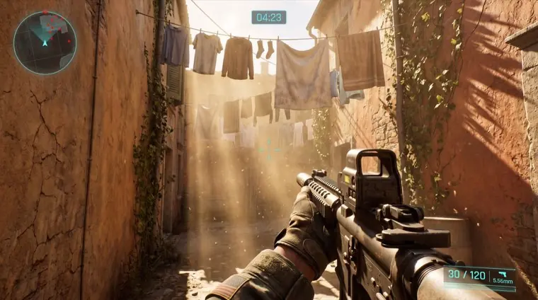 A tactical shooter: a rifle aimed down a sunlit alley.