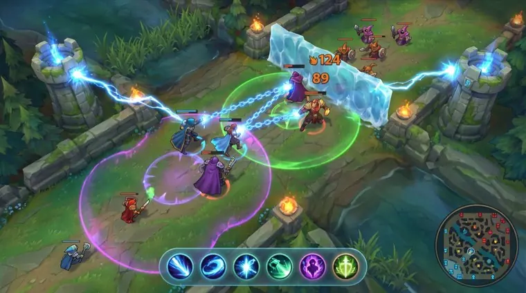 A MOBA teamfight with chain lightning at a river.