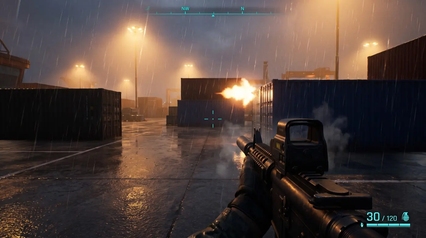 A first-person shooter clip: a rifle aimed across a rain-soaked dockyard at dusk, muzzle flash between the shipping containers.