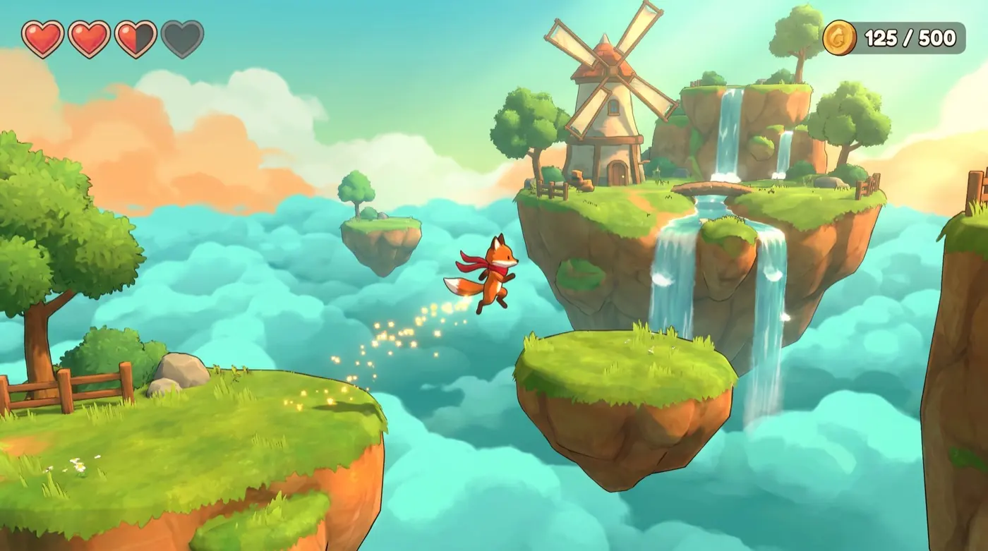 A platformer clip: a fox in a red scarf mid-jump between floating grassy islands above a sea of clouds.