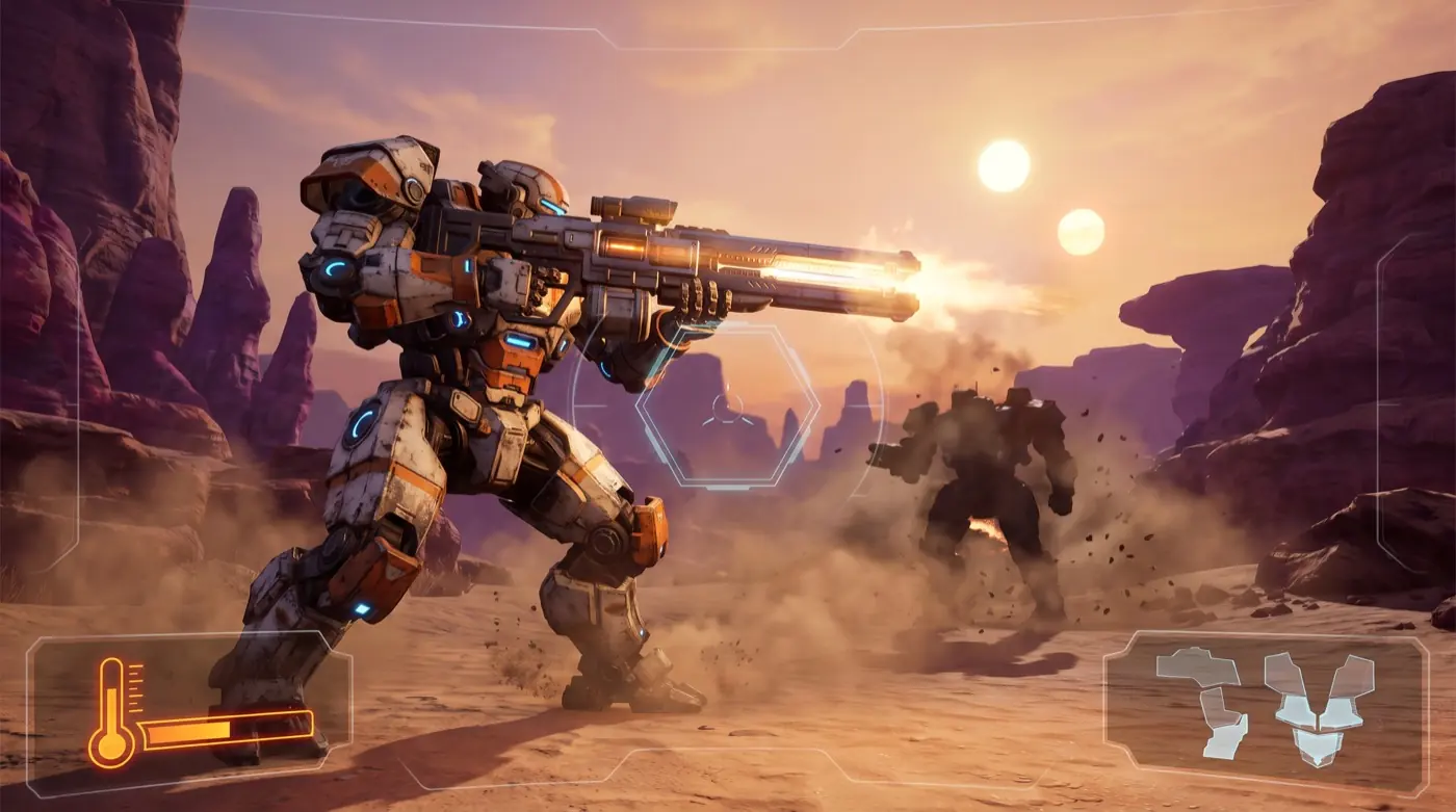 A mech action clip: a white and orange mech firing a shoulder railgun across a canyon at a second mech in the dust.